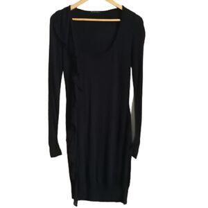 SISLEY Black Bodycon Ruffles Long Sleeves Thin Knit Knee Length Dress Sz Medium